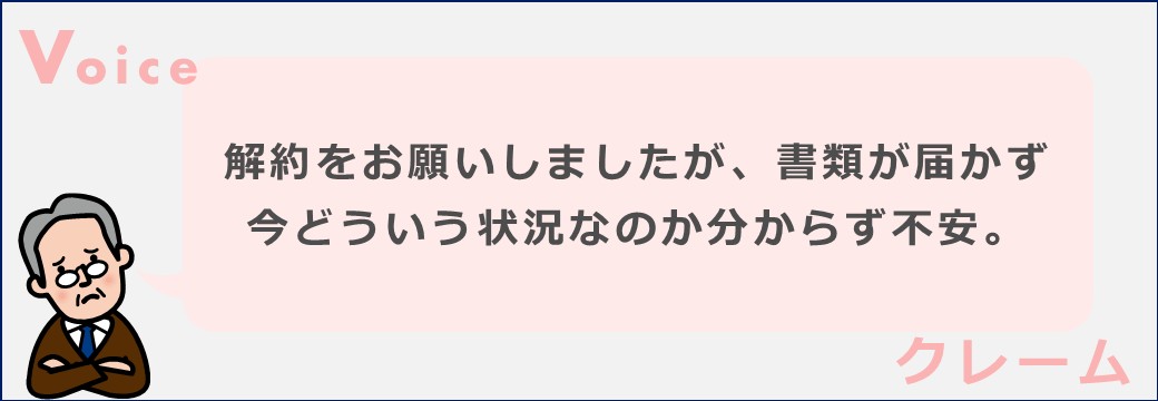 解約をお願いしましたが、書類が届かず
今どういう状況なのか分からず不安。